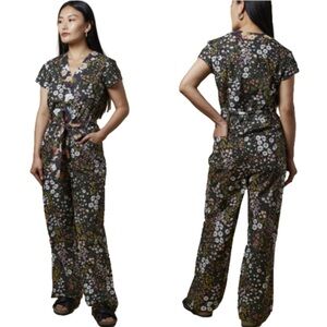 New Current Air Jumpsuit in Grey Floral XS Button Up Wide Leg Pockets Cotton